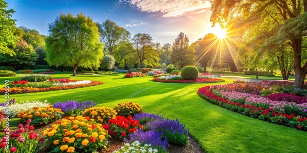 Obraz premium Sunny park with vibrant green grass and colorful flowers, sunny, park, nature, outdoors, sunlight, grass, flowers, vibrant