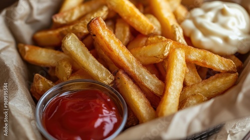 Close-up of greasy french fries in a basket with ketchup and mayonnaise on the side. photo