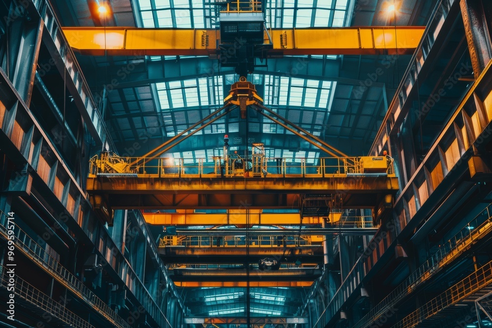 Obraz premium Large crane machine hanging inside an industrial factory, highlighting its scale and crucial role