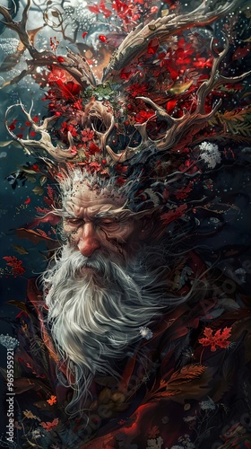 Mystical Portrait of a Nature Spirit with Antlers and Flowers