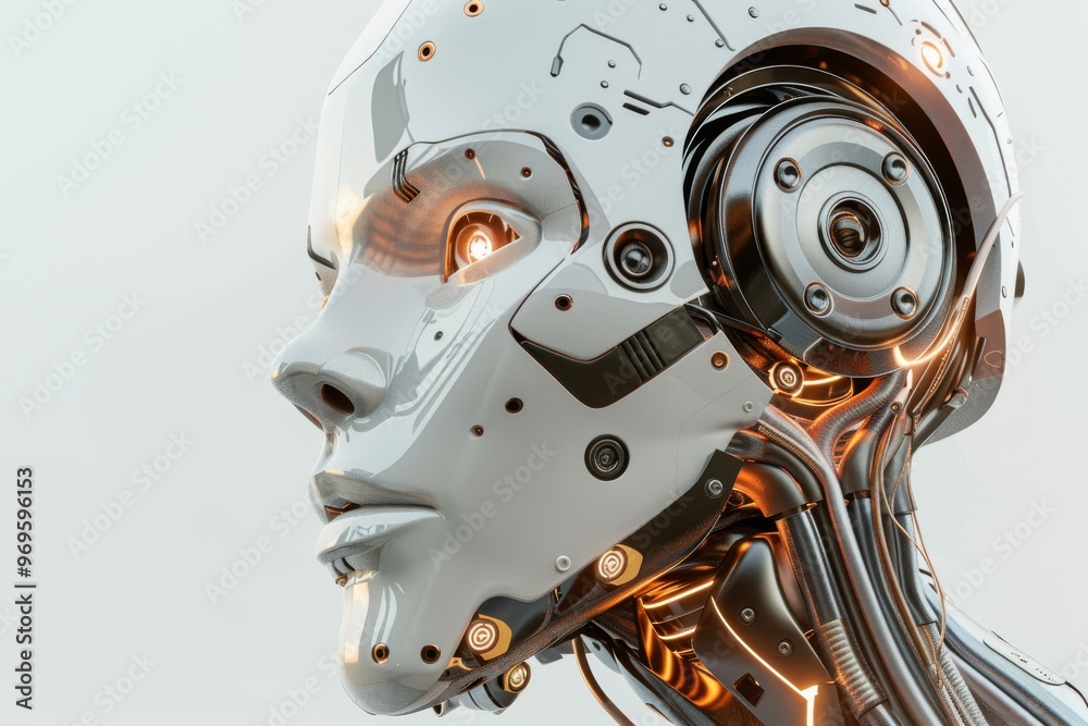 AI-generated illustration of a contemporary AI robot head isolated against a white background AI-generated illustration of a contemporary AI robot head isolated against a white background