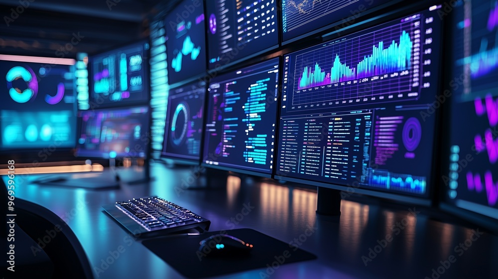 Multiple monitors displaying stock charts and financial data on a trading desk, representing investment tools and market analysis. Multiple monitors displaying stock charts and financial data on a trading desk, representing investment tools and market analysis.