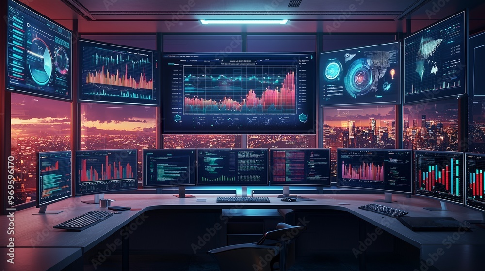 High-tech control room with multiple screens displaying various data visualizations and charts, representing data analysis and monitoring. High-tech control room with multiple screens displaying various data visualizations and charts, representing data analysis and monitoring.