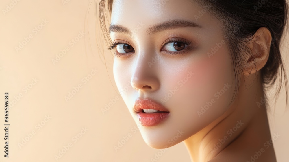 Naklejka premium Close-up Portrait of Beautiful Young Woman with Clear Skin.