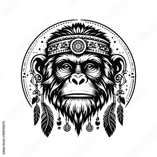monkey in bohemian black and white silhouette illustration -
