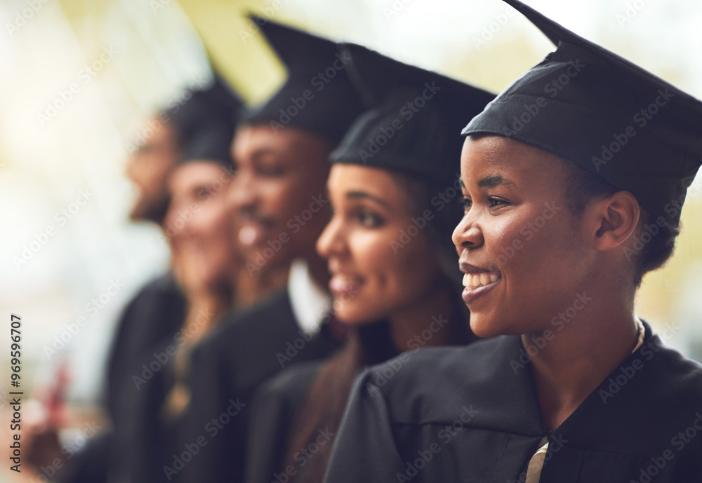 Fototapeta premium Graduation, college and group of students with smile for achievement, success and opportunity at education event. Confidence, friends and row of happy people on university campus for award ceremony