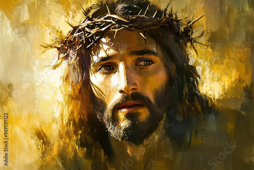 Oil painting of Jesus Christ with a crown of thorns on his head