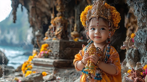 A Kuman Thong, a ghost child holding a golden amulet, standing beside an ancient, crumbling shrine. photo