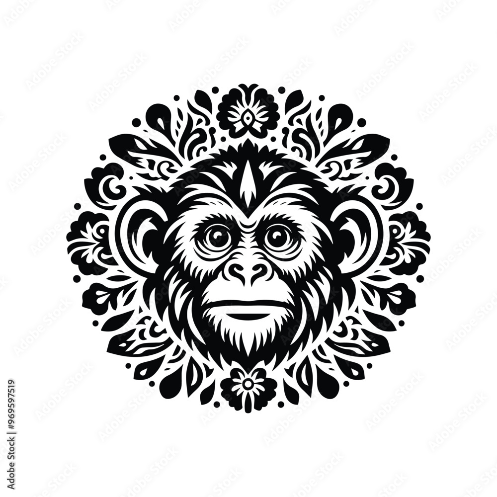 monkey in folk art black and white silhouette illustration -