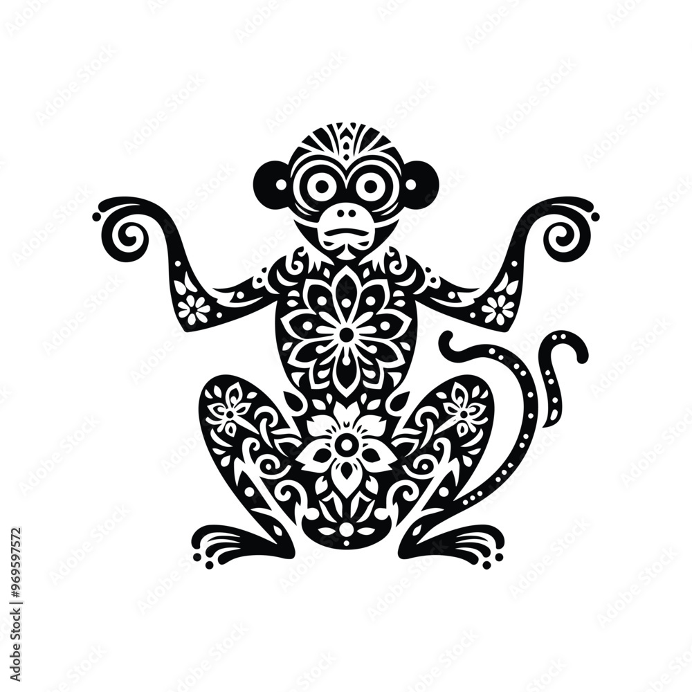monkey in folk art black and white silhouette illustration - monkey in folk art black and white silhouette illustration -