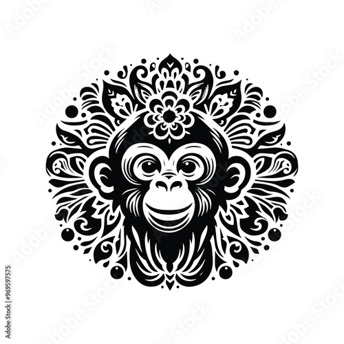 monkey in folk art black and white silhouette illustration -