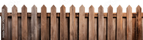 A rustic wooden fence with pointed tops, showcasing a natural wood texture and a sturdy design ideal for garden or yard settings. photo