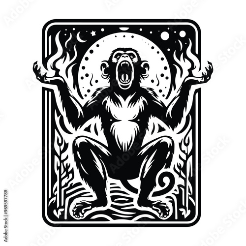 monkey in Tarot card black and white silhouette illustration -
