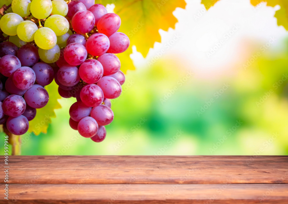 Red Grapes Hanging Over Wooden Table with Blurred Background. Red Grapes Hanging Over Wooden Table with Blurred Background.