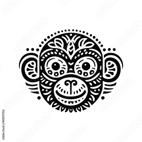 monkey in folk art black and white silhouette illustration -