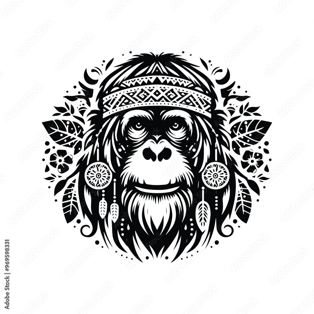 Obraz premium orangutan monkey in bohemian black and white silhouette illustration -