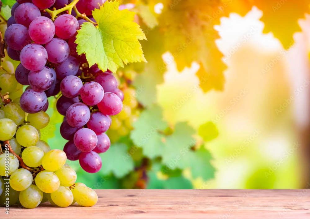 Fresh Grapes on Wooden Table with Blurred Vineyard Background. Fresh Grapes on Wooden Table with Blurred Vineyard Background.