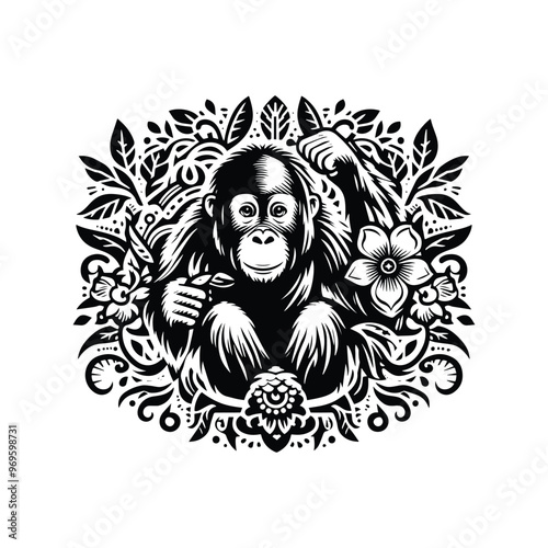 orangutan monkey in folk art black and white silhouette illustration - photo