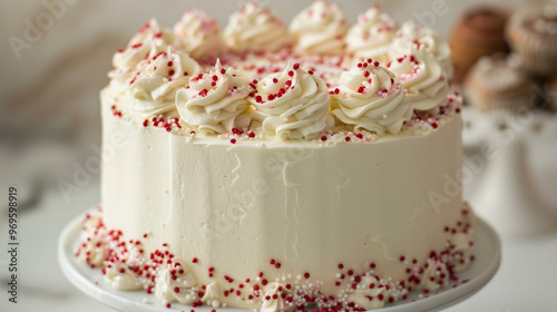 A white chocolate cake with red and white sprinkles on top