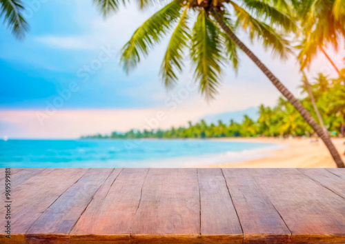 Wooden Tabletop Over Blurred Tropical Beach Background.