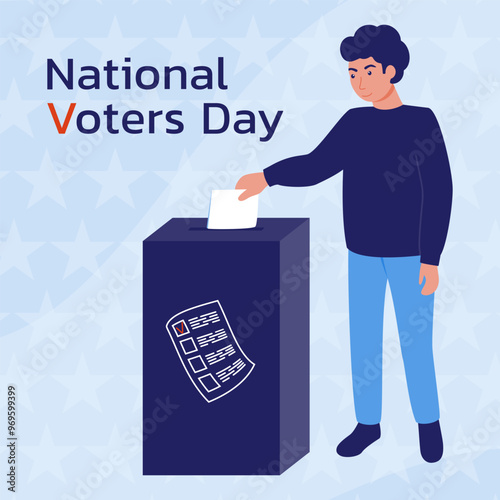 Man throws a ballot into the voting box. A call to vote. National Voter Day.