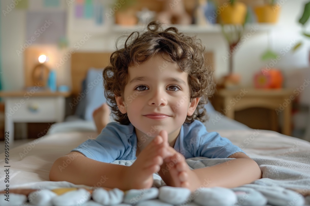 Fototapeta premium Smiling young boy with curly hair lying comfortably on a bed in a cozy, well-lit room.