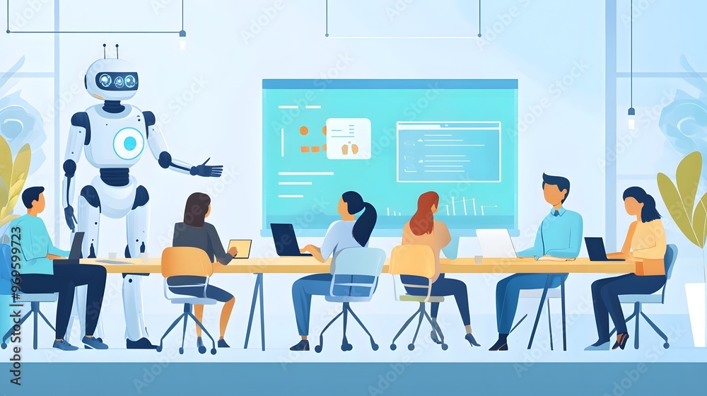 A group of people sitting around a table in an office, talking to each other and working on laptops, with robots standing next to them, assisting them A group of people sitting around a table in an office, talking to each other and working on laptops, with robots standing next to them, assisting them