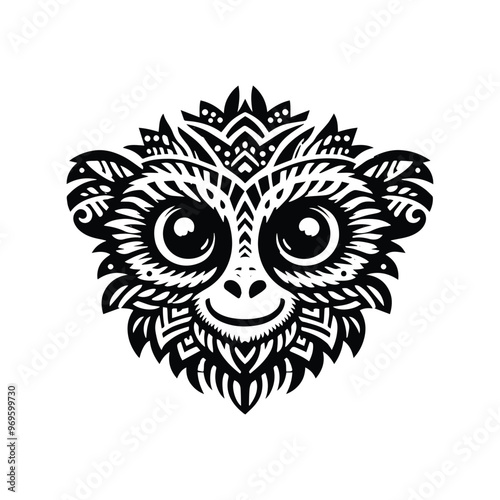 Tarsier monkey in bohemian black and white silhouette illustration -