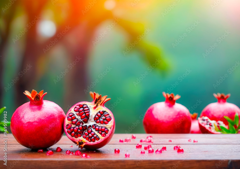 Fresh Pomegranates on Wooden Table. Fresh Pomegranates on Wooden Table.