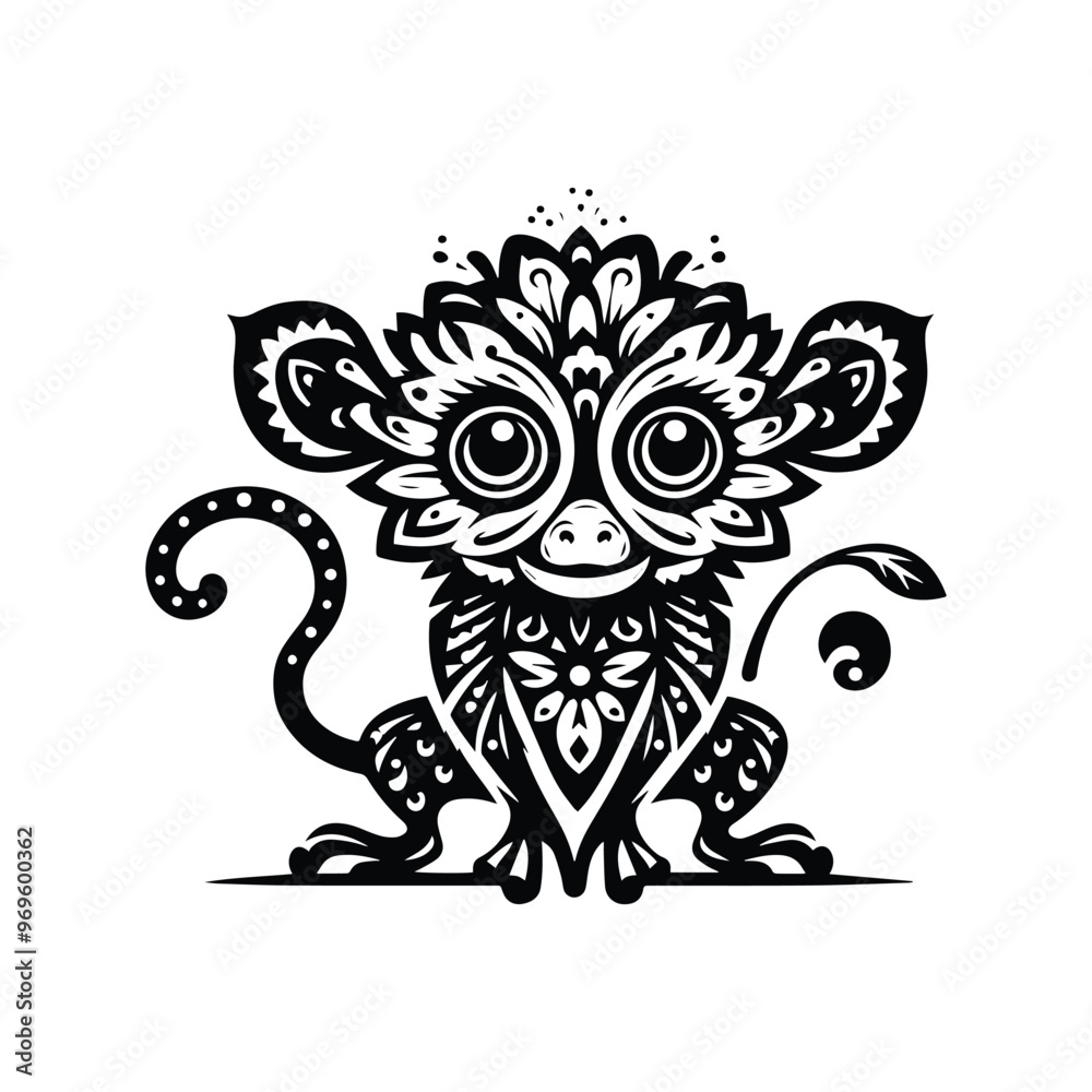 Tarsier monkey in folk art black and white silhouette illustration - Tarsier monkey in folk art black and white silhouette illustration -