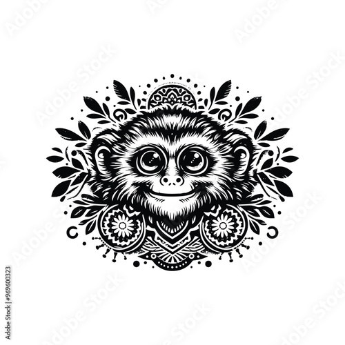 Tarsier monkey in bohemian black and white silhouette illustration -