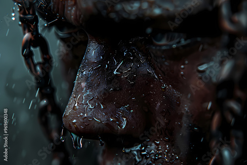 Close-up of a masculine figure with wet skin, showcasing intricate details of water droplets and chains, creating a moody and intense atmosphere. photo