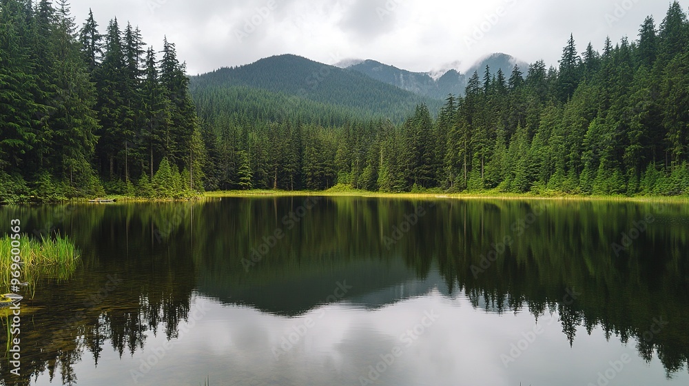 A serene mountain lake surrounded by evergreen trees, hidden from the main trail A serene mountain lake surrounded by evergreen trees, hidden from the main trail