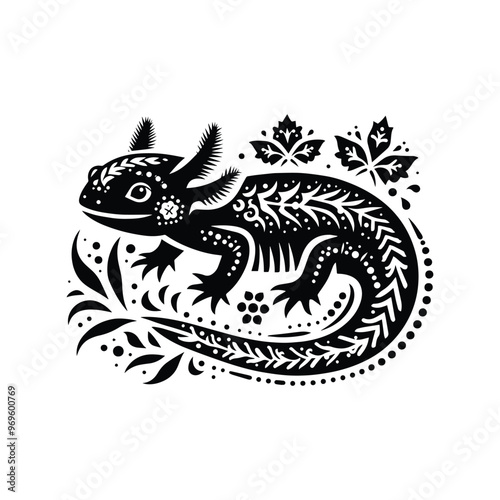 Axolotl in folk art black and white silhouette illustration -