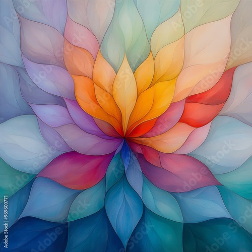Wallpaper Mural This image showcases an abstract artwork featuring multicolored petals arranged in a symmetrical pattern with gradient hues, depicting artistic creativity and vibrant aesthetics. Torontodigital.ca