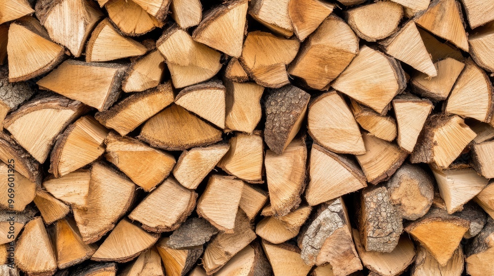 This close-up captures a well-organized pile of firewood, highlighting the unique textures and warm tones of the logs under natural light on a clear day This close-up captures a well-organized pile of firewood, highlighting the unique textures and warm tones of the logs under natural light on a clear day