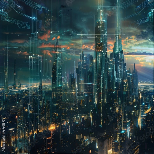 A futuristic cityscape with towering skyscrapers and glowing lights against a stormy sky.