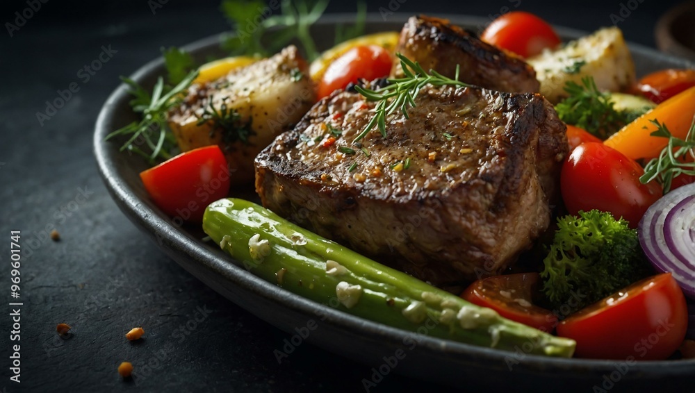 Savory meat dish topped with fresh vegetables and herbs in a close-up shot. Savory meat dish topped with fresh vegetables and herbs in a close-up shot.