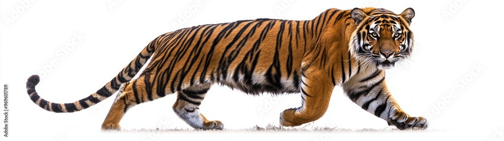 Obraz premium Bengal Tiger in Underbrush, a majestic Bengal tiger gracefully traversing lush foliage, showcasing its striking coat and powerful physique against a soft, neutral backdrop.