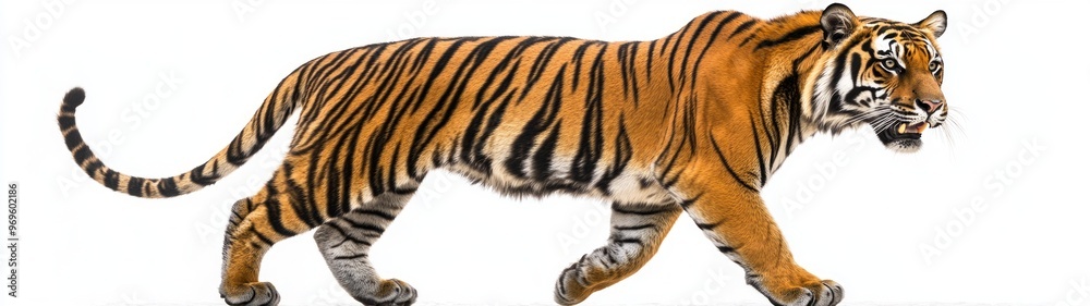 Obraz premium Bengal Tiger in Underbrush, A striking full-body portrait of a sleek Bengal tiger moving gracefully through dense underbrush against a crisp white background, showcasing its majestic form.
