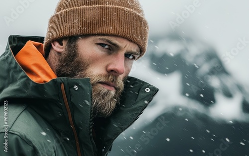 Describe how the rugged, outdoorsman aesthetic in the image could inspire a clothing line focused on durable, winter-ready fashion photo