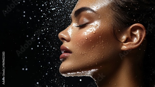 Woman's face with water drops.