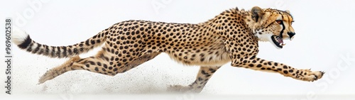 Sleek Cheetah in Motion, a dynamic portrayal of a cheetah sprinting across open plains, showcasing its speed and grace against a minimalist white backdrop. photo