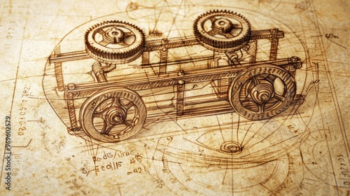 Technical drawing of an ancient machine, outlined on paper.