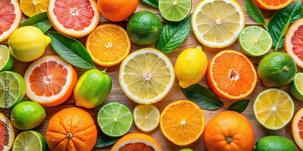 Fototapeta premium Background of various citrus fruits including oranges, lemons, and limes , citrus fruits, background, oranges, lemons