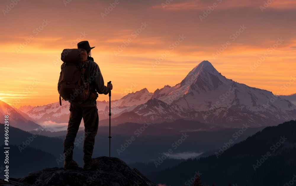 Explain how the mans stance and the wilderness backdrop create a visual narrative of exploration, adventure, and conquering the elements Explain how the mans stance and the wilderness backdrop create a visual narrative of exploration, adventure, and conquering the elements