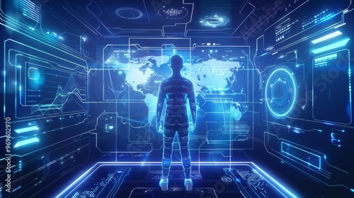 A futuristic digital interface with a human silhouette standing in the center. The background displays a global map and various data visualizations.