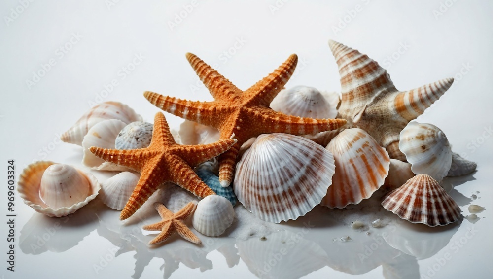 Seashells and starfish arranged on a white background in delicate watercolor style. Seashells and starfish arranged on a white background in delicate watercolor style.