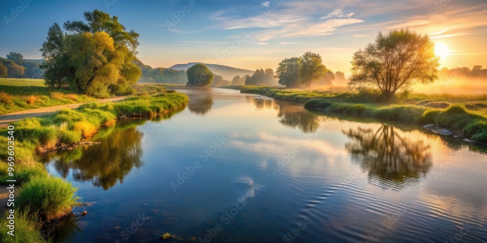 Obraz premium Peaceful river flowing through serene landscape in early morning light, nature, water, river, landscape, morning, peaceful