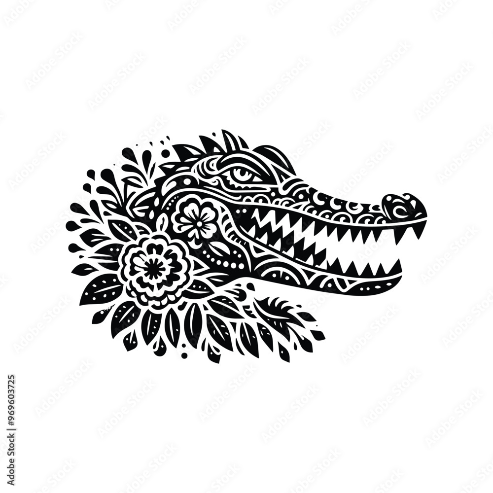 Crocodile in folk art black and white silhouette illustration - Crocodile in folk art black and white silhouette illustration -